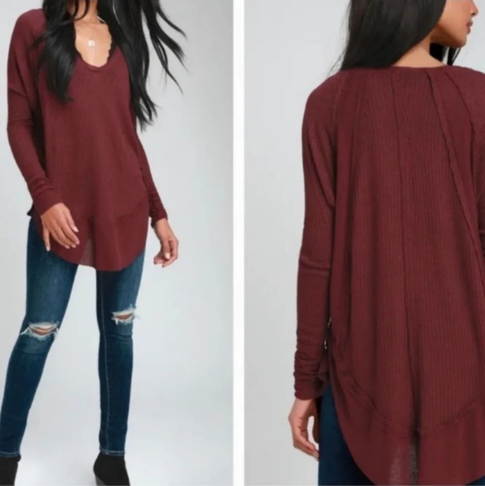 We The Free WINE LONG SLEEVE CURVED Free People CATALINA THERMAL TOP Sz Medium